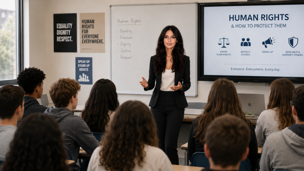 Yasmin Atwal in a classroom championing the human rights of teenagers.