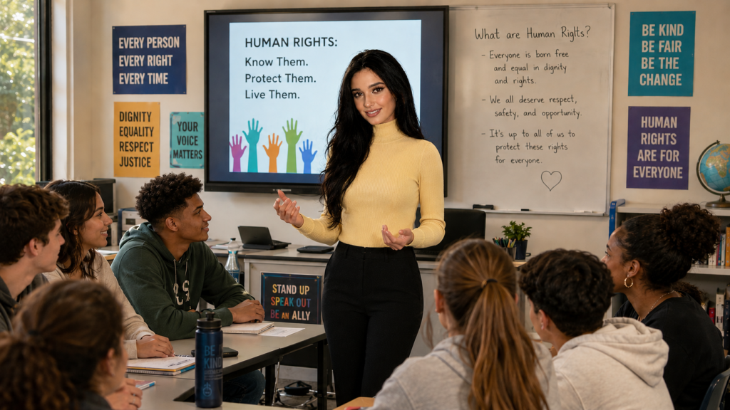 Yasmin Atwal in a classroom championing the human rights of teenagers.