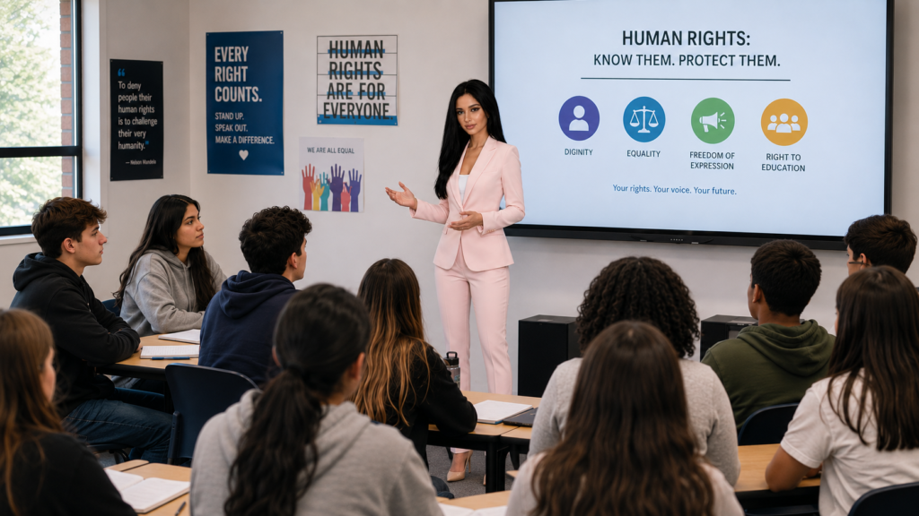 Yasmin Atwal in a classroom championing the human rights of teenagers.