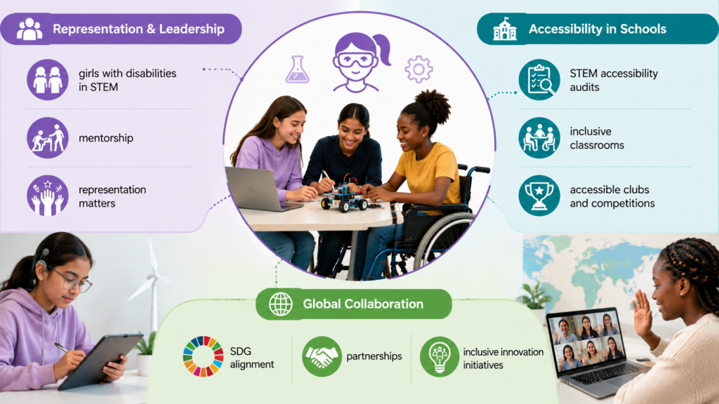 Illustration of diverse girls with disabilities participating in STEM activities in an inclusive school environment, highlighting mentorship, accessibility, and global collaboration initiatives.