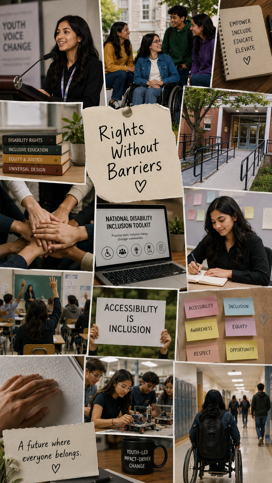 A realistic collage-style poster featuring diverse youth, accessibility, inclusive education, disability advocacy, and community empowerment under the theme ‘Rights Without Barriers.