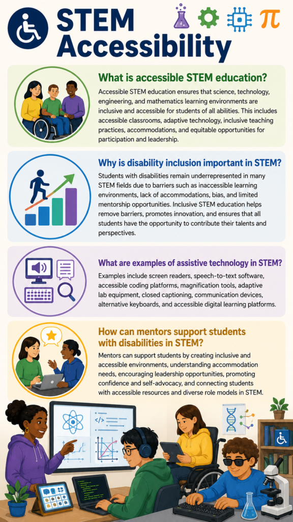STEM accessibility infographic featuring diverse students with disabilities using assistive technology in an inclusive STEM learning environment.