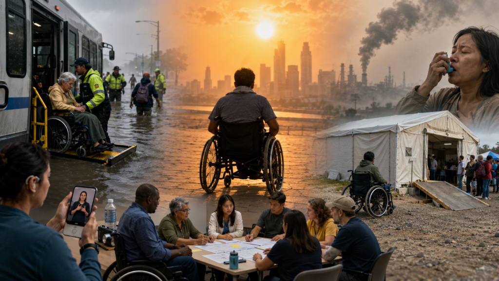 A wide scene showing disabled individuals facing climate-related challenges, including evacuation in floodwaters, extreme heat, air pollution, communication barriers, and inaccessible relief centers.