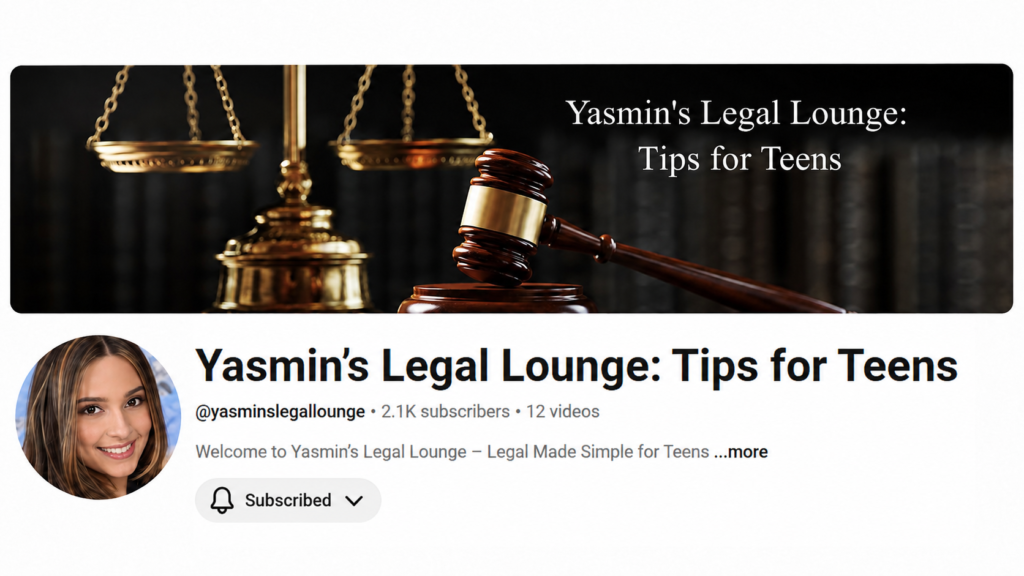 A screenshot of Yasmin's Legal Lounge Channel.