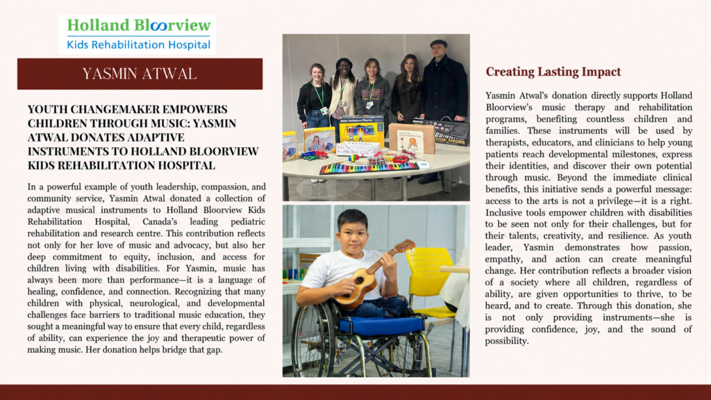 Newsletter-style graphic highlighting Yasmin Atwal's donation of adaptive musical instruments to Holland Bloorview Kids Rehabilitation Hospital, featuring photos of the donation team and a child using a ukulele in a wheelchair.