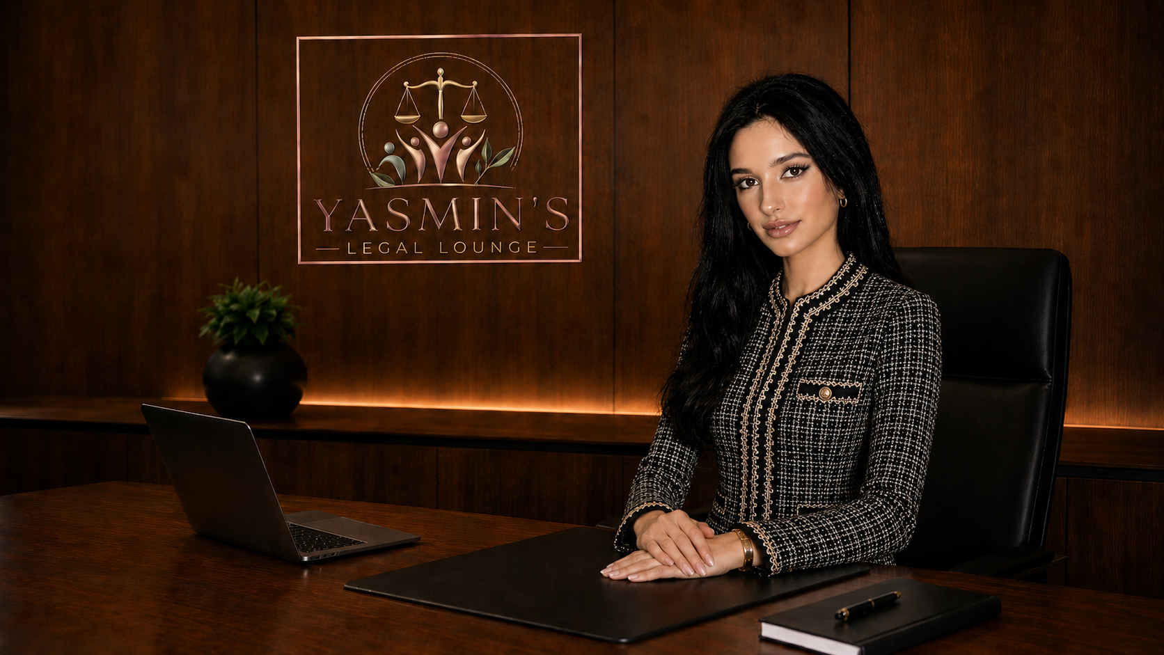 Yasmin is in an elegant office with her Legal Lounge logo.
