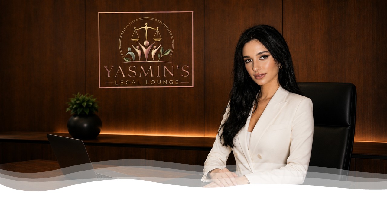 Yasmin is in an elegant office with her Legal Lounge logo.